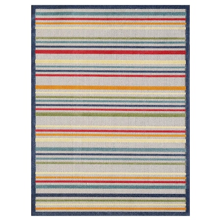 Homeroots 8 x 10 ft. Navy Colorful Striped Indoor or Outdoor Area Rug Ivory 475539